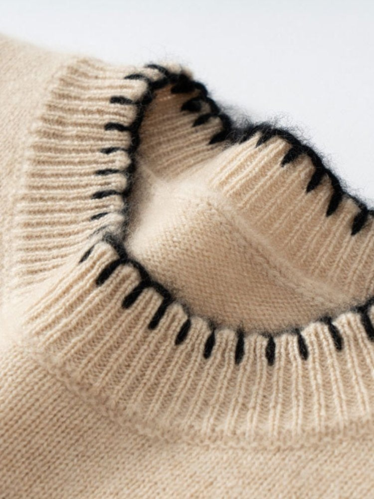 LanlyCashmere Contrast Stitch Crewneck - Mongolia Cashmere Pullover