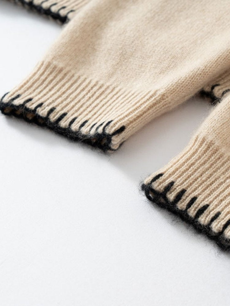 LanlyCashmere Contrast Stitch Crewneck - Mongolia Cashmere Pullover