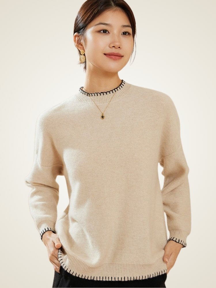 LanlyCashmere Contrast Stitch Crewneck - Mongolia Cashmere Pullover