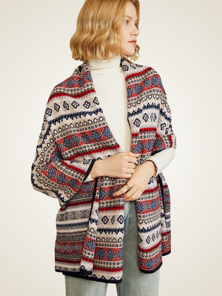 LanlyCashmere Ethnic Jacquard Cashmere Shawl – Reversible Knit Wrap Scarf