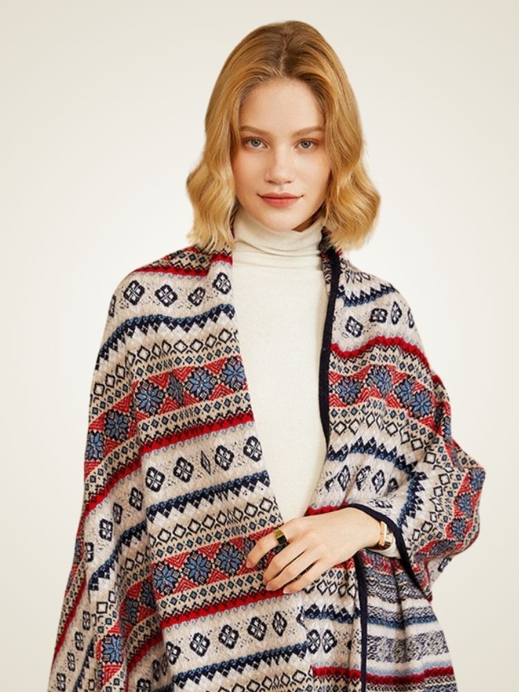 LanlyCashmere Ethnic Jacquard Cashmere Shawl – Reversible Knit Wrap Scarf