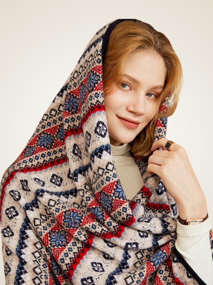 LanlyCashmere Ethnic Jacquard Cashmere Shawl – Reversible Knit Wrap Scarf