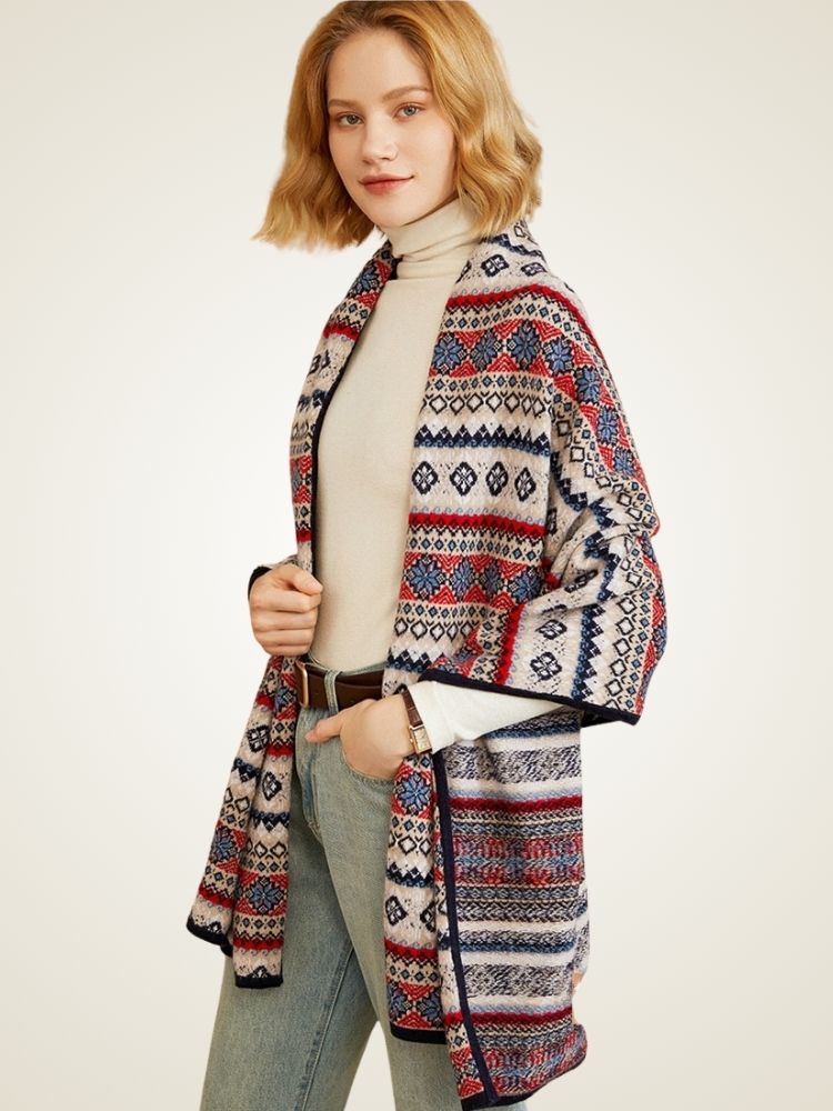 LanlyCashmere Ethnic Jacquard Cashmere Shawl – Reversible Knit Wrap Scarf
