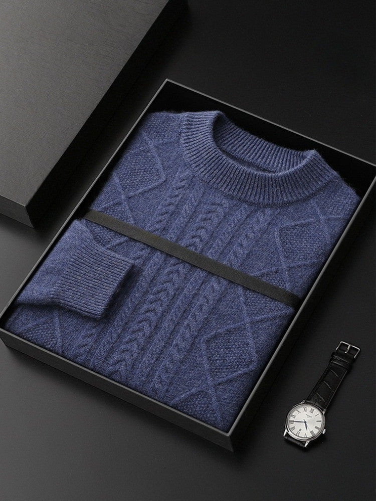 LanlyCashmere Men’s Cable Knit Cashmere Sweater – Textured Crew Neck Pullover