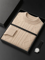 LanlyCashmere Men’s Cable Knit Cashmere Sweater – Textured Crew Neck Pullover