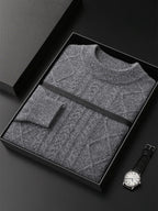 LanlyCashmere Men’s Cable Knit Cashmere Sweater – Textured Crew Neck Pullover