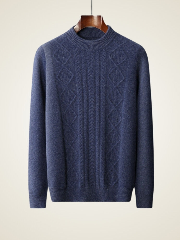 LanlyCashmere Men’s Cable Knit Cashmere Sweater – Textured Crew Neck Pullover