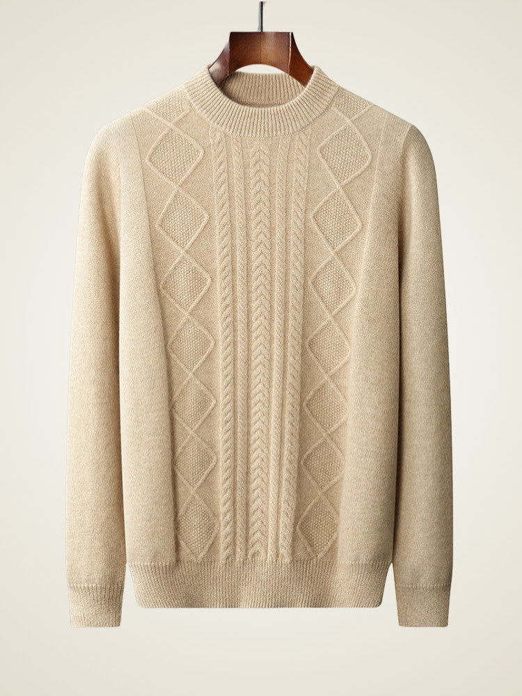LanlyCashmere Men’s Cable Knit Cashmere Sweater – Textured Crew Neck Pullover