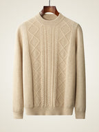 LanlyCashmere Men’s Cable Knit Cashmere Sweater – Textured Crew Neck Pullover