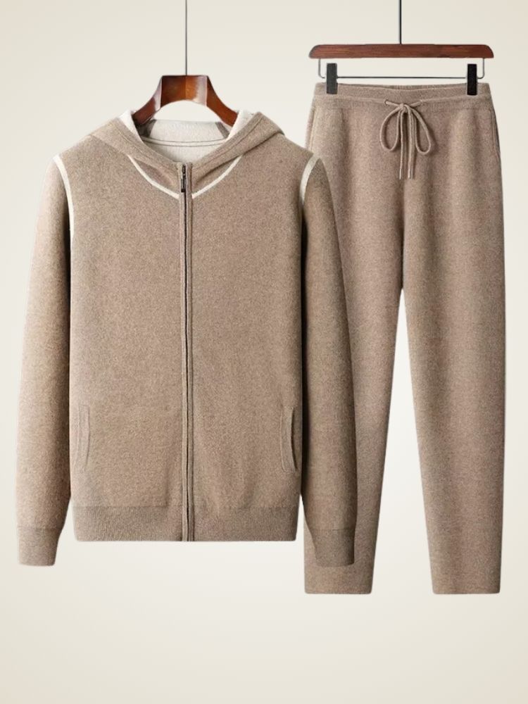 LanlyCashmere Men's Cashmere Hoodie Set Zip Knit Tracksuit