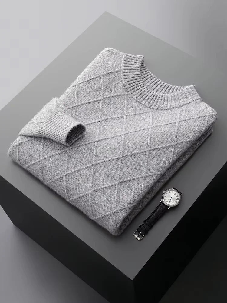 LanlyCashmere Men's Diamond Knit Cashmere Sweater Mock Neck