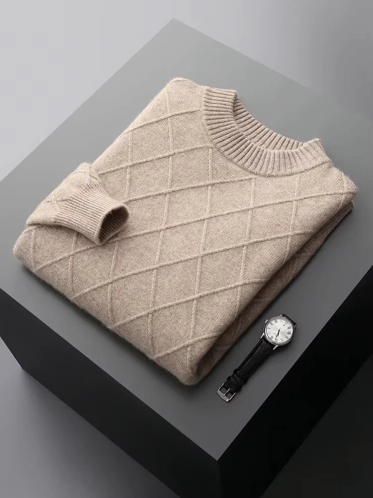 LanlyCashmere Men's Diamond Knit Cashmere Sweater Mock Neck