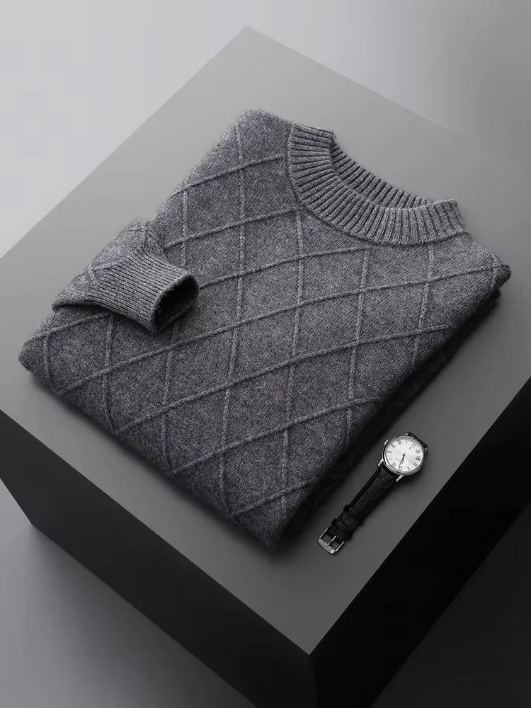 LanlyCashmere Men's Diamond Knit Cashmere Sweater Mock Neck