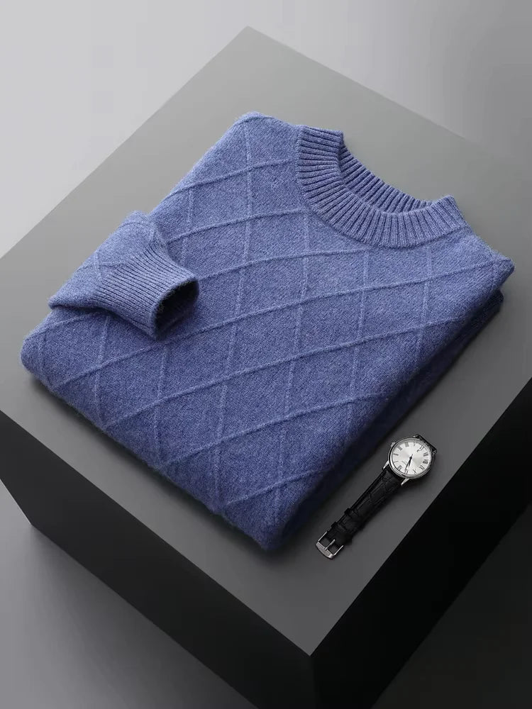 LanlyCashmere Men's Diamond Knit Cashmere Sweater Mock Neck