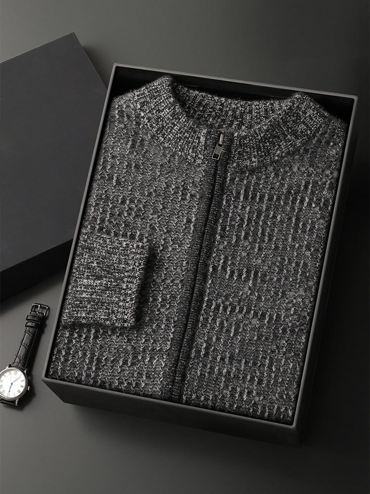 LanlyCashmere Men’s Full Zip Cashmere Cardigan – Textured Stand Collar Sweater