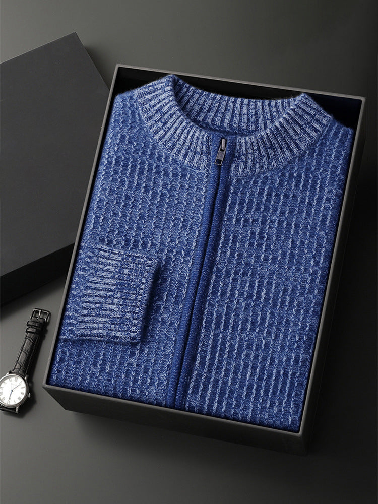 LanlyCashmere Men’s Full Zip Cashmere Cardigan – Textured Stand Collar Sweater