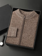 LanlyCashmere Men’s Full Zip Cashmere Cardigan – Textured Stand Collar Sweater