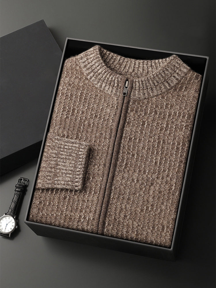 LanlyCashmere Men’s Full Zip Cashmere Cardigan – Textured Stand Collar Sweater