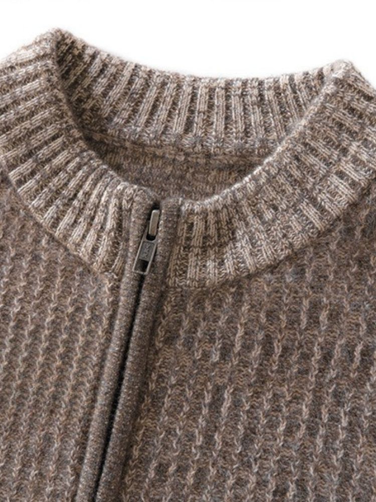 LanlyCashmere Men’s Full Zip Cashmere Cardigan – Textured Stand Collar Sweater