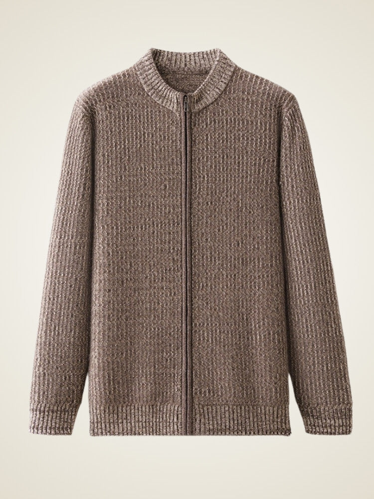 LanlyCashmere Men’s Full Zip Cashmere Cardigan – Textured Stand Collar Sweater
