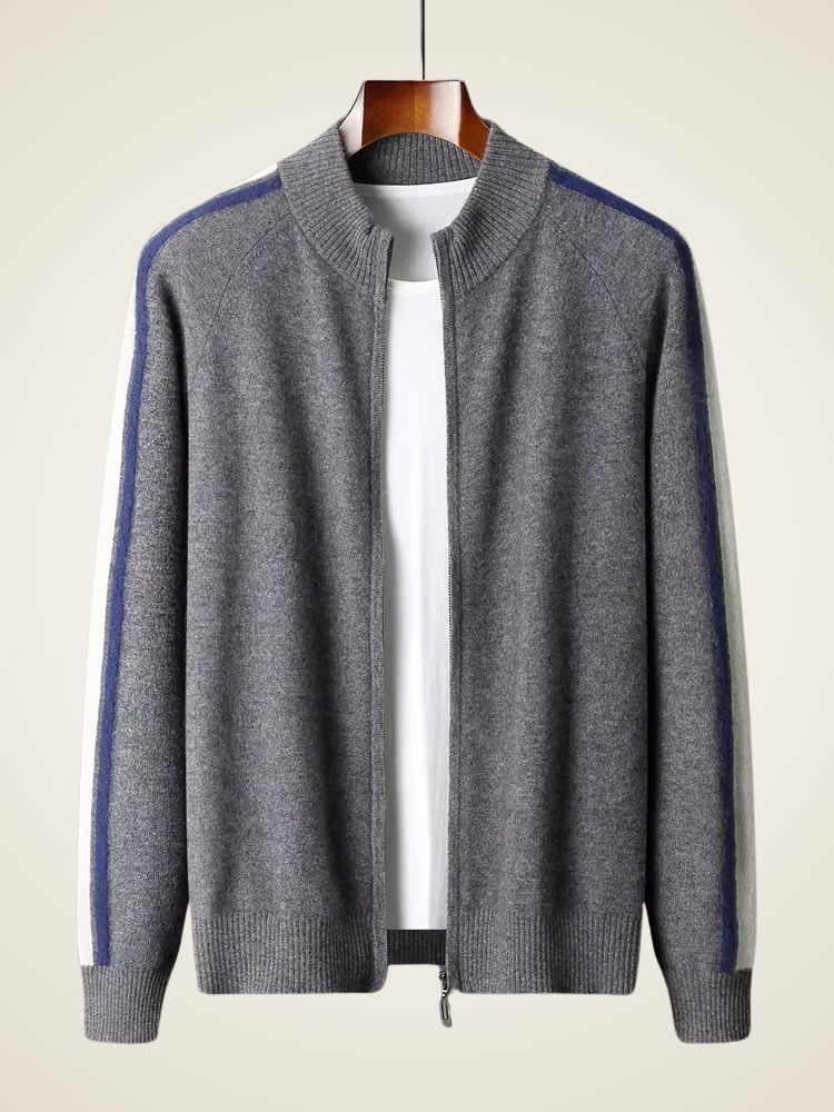 LanlyCashmere Men's Stripe Zip Cashmere Sweater Sport Knit
