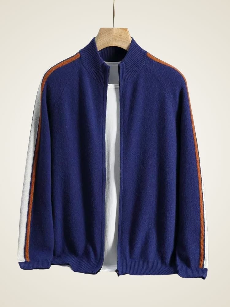 LanlyCashmere Men's Stripe Zip Cashmere Sweater Sport Knit