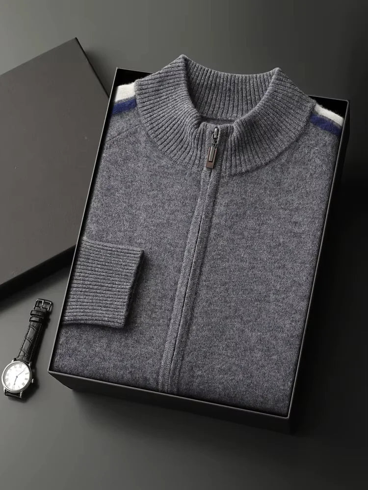 LanlyCashmere Men's Stripe Zip Cashmere Sweater Sport Knit