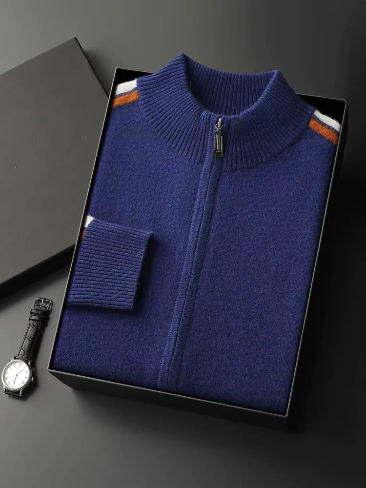 LanlyCashmere Men's Stripe Zip Cashmere Sweater Sport Knit