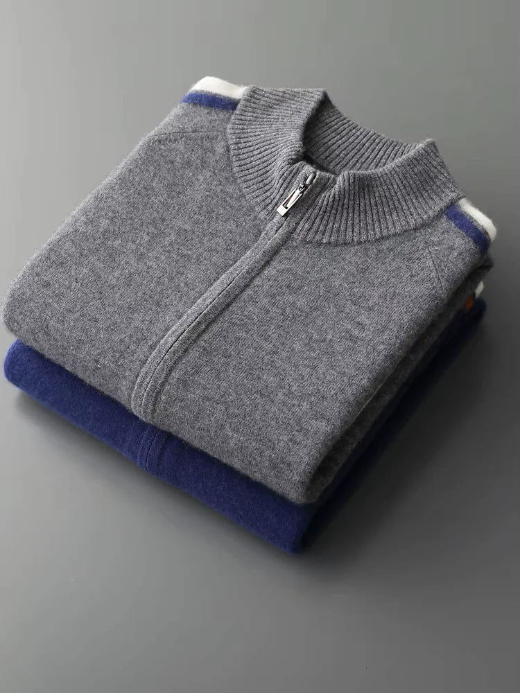 LanlyCashmere Men's Stripe Zip Cashmere Sweater Sport Knit