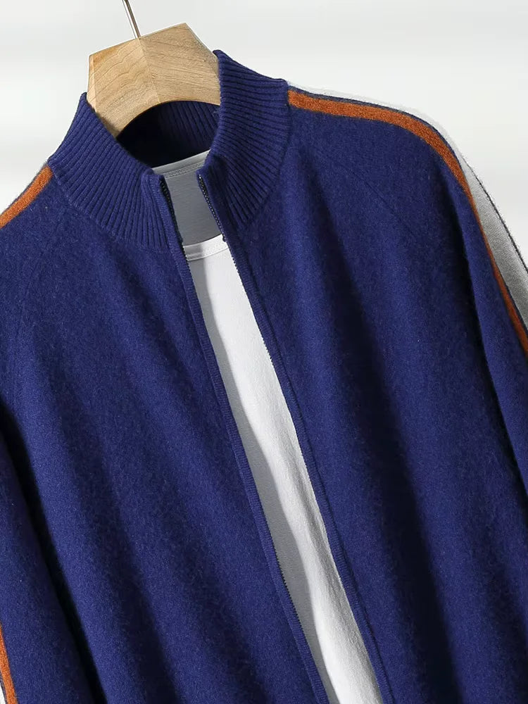 LanlyCashmere Men's Stripe Zip Cashmere Sweater Sport Knit