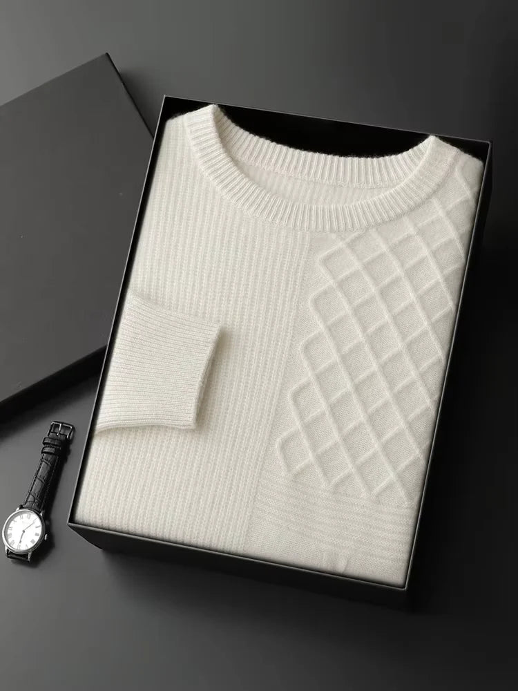 LanlyCashmere Men's Textured Crew Neck Cashmere Sweater