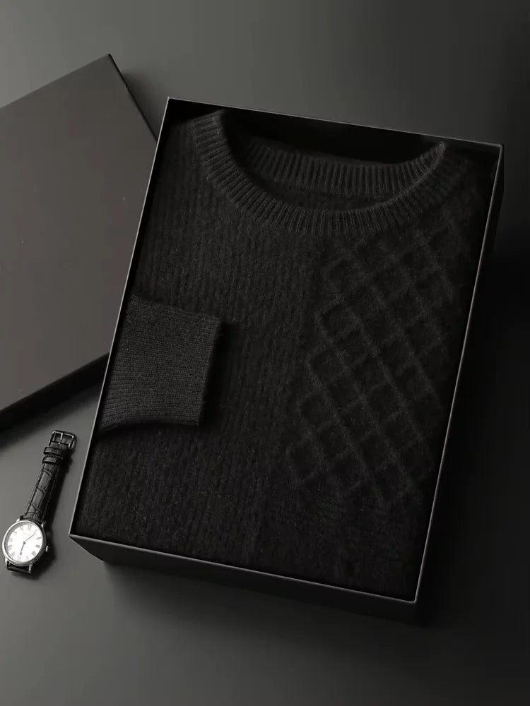 LanlyCashmere Men's Textured Crew Neck Cashmere Sweater