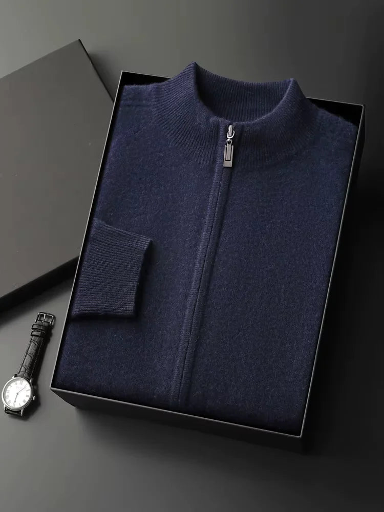 LanlyCashmere Men's Zip Up Cashmere Cardigan Stand Collar