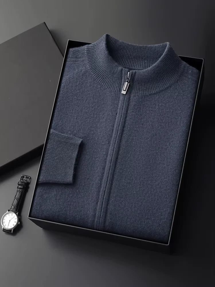 LanlyCashmere Men's Zip Up Cashmere Cardigan Stand Collar