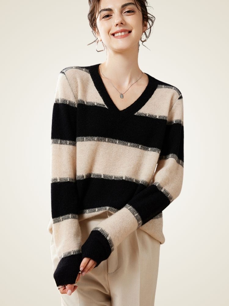 LanlyCashmere Striped Cashmere V-Neck Sweater – Relaxed Knit Pullover