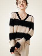 LanlyCashmere Striped Cashmere V-Neck Sweater – Relaxed Knit Pullover