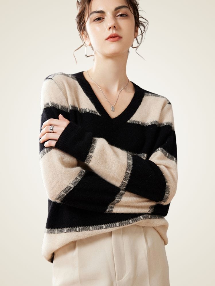 LanlyCashmere Striped Cashmere V-Neck Sweater – Relaxed Knit Pullover