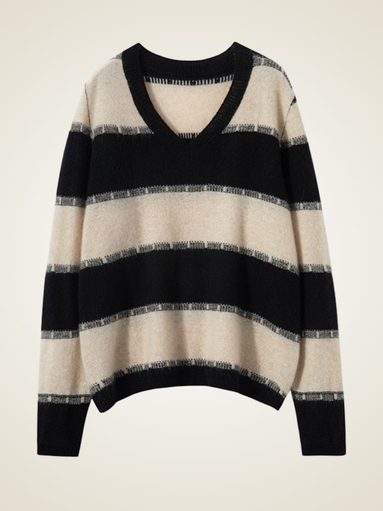 LanlyCashmere Striped Cashmere V-Neck Sweater – Relaxed Knit Pullover