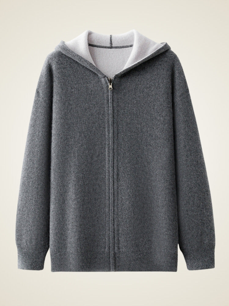LanlyCashmere Thick Air Layer Cashmere Cardigan – Hooded Zip Knit Jacket