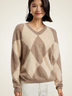 LanlyCashmere Women's Argyle Cashmere Sweater V Neck Knit