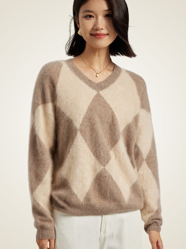 LanlyCashmere Women's Argyle Cashmere Sweater V Neck Knit