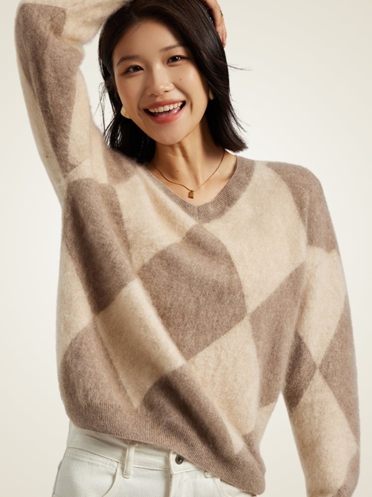 LanlyCashmere Women's Argyle Cashmere Sweater V Neck Knit