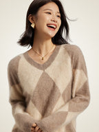 LanlyCashmere Women's Argyle Cashmere Sweater V Neck Knit
