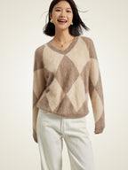 LanlyCashmere Women's Argyle Cashmere Sweater V Neck Knit
