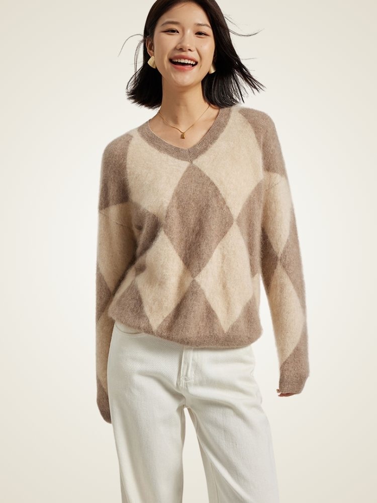 LanlyCashmere Women's Argyle Cashmere Sweater V Neck Knit