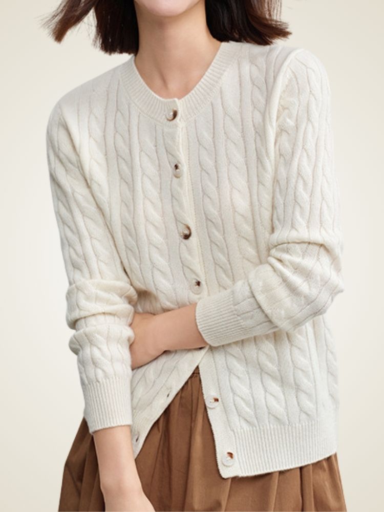 LanlyCashmere Women's Cable Knit Cashmere Cardigan Crew Neck