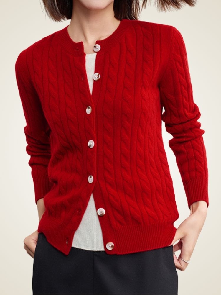 LanlyCashmere Women's Cable Knit Cashmere Cardigan Crew Neck