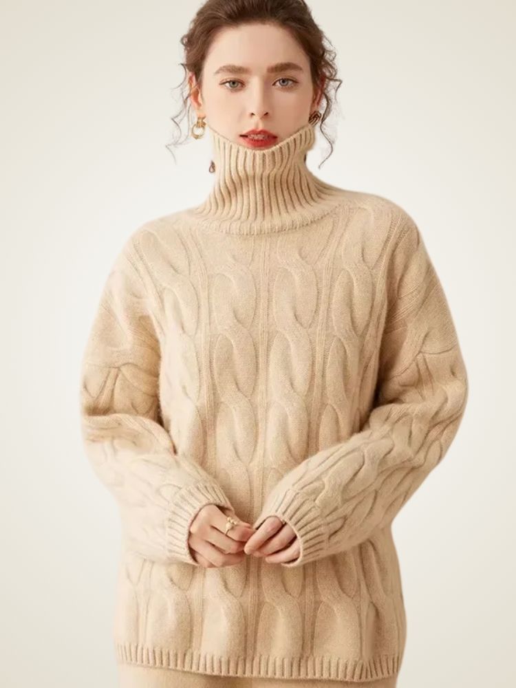 LanlyCashmere Women's Cable Knit Cashmere Turtleneck Sweater