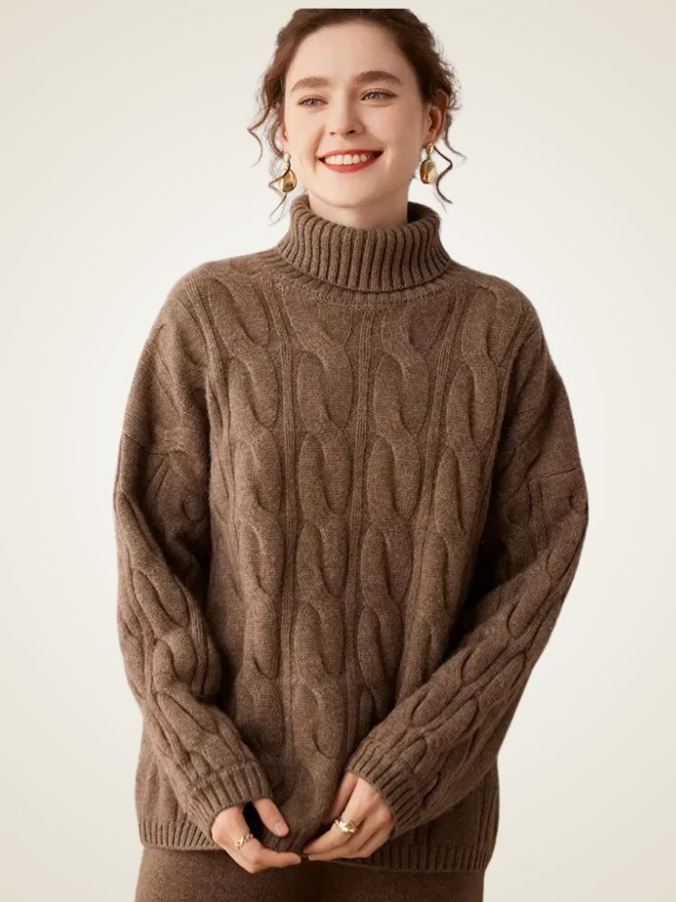LanlyCashmere Women's Cable Knit Cashmere Turtleneck Sweater