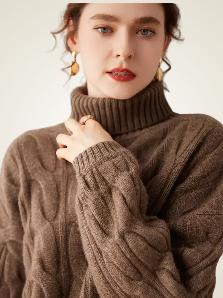 LanlyCashmere Women's Cable Knit Cashmere Turtleneck Sweater